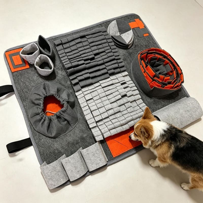 Dog snuffle mat with layered fabric for hiding treats