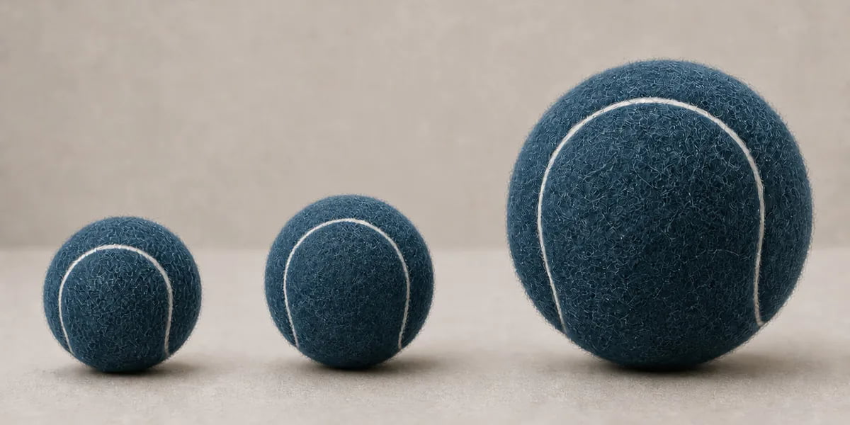Size comparison illustration of 2-inch, 2.5-inch and 4-inch dog tennis balls
