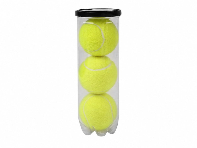 Three dog tennis balls packed in a clear plastic tube