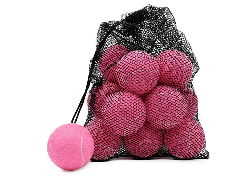 Pink dog tennis balls packed in a black drawstring mesh bag