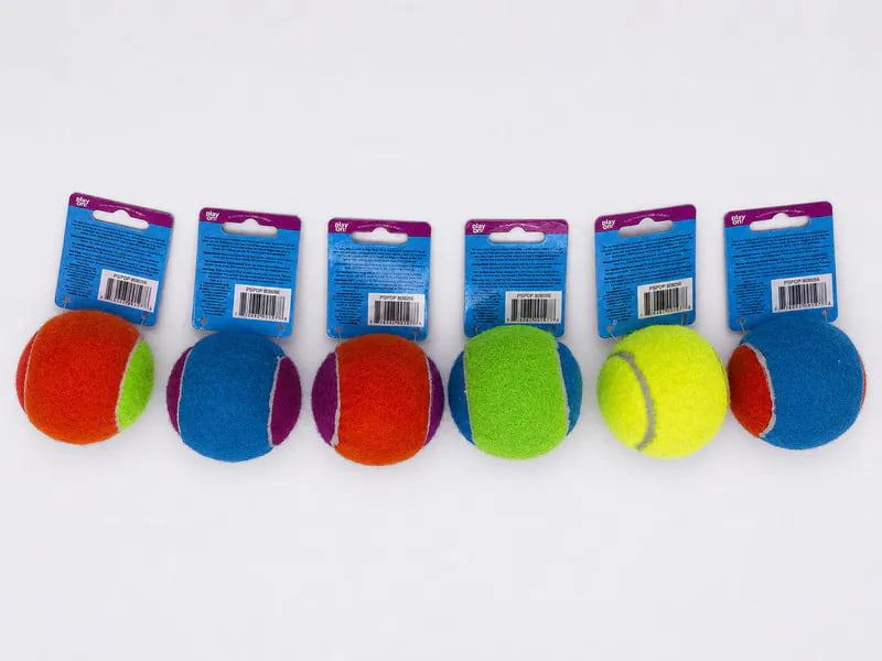 Assorted dog tennis balls with hang-tag card packaging