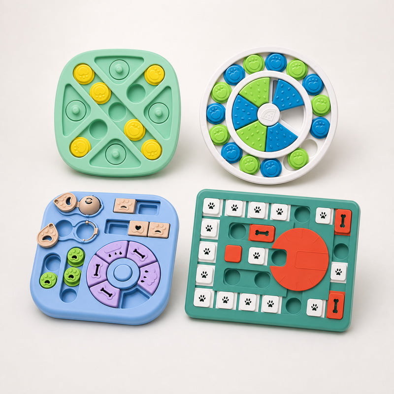 In-stock dog puzzle toy SKU with product packaging for wholesale orders