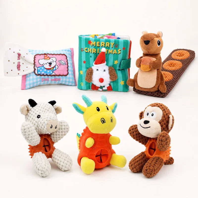 Plush dog puzzle toy with fabric pockets for hiding treats