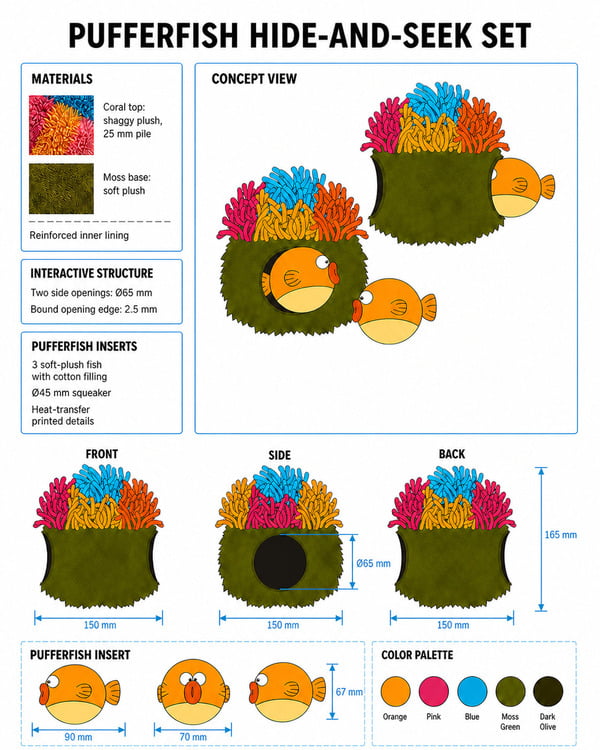 Custom plush dog puzzle toy design sheet with pufferfish inserts and hidden compartments