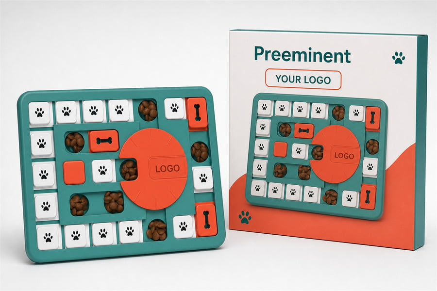 Private-label dog puzzle toy with custom branded product packaging