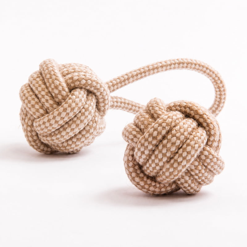 Rope-ball and ball-and-rope dog toy combinations