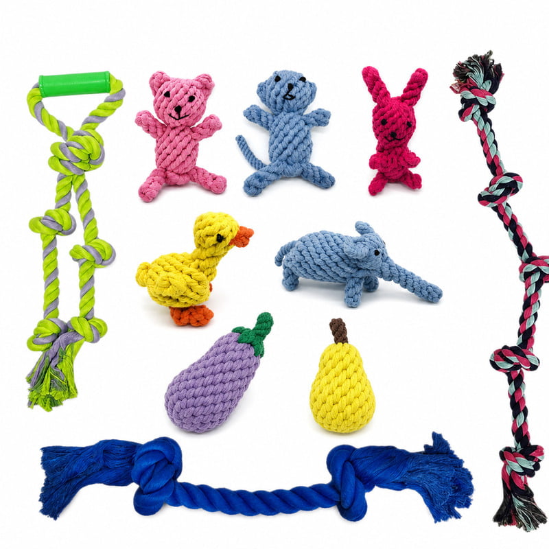 Animal-shaped rope dog toys in a multi-piece set