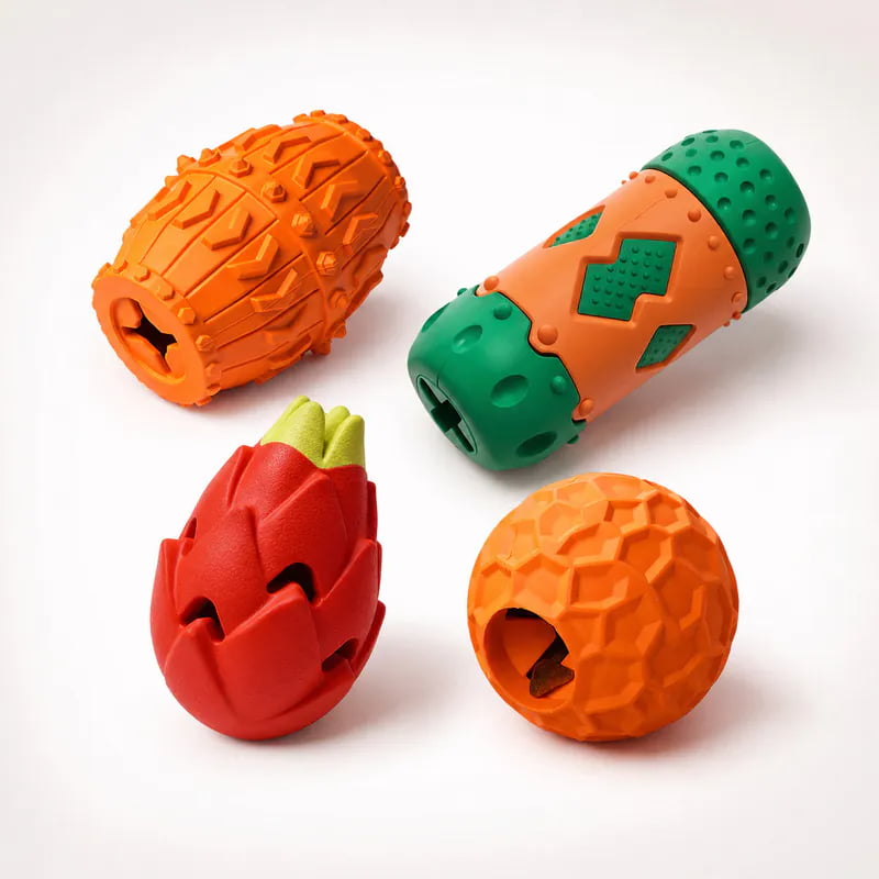 Rubber treat-dispensing dog toy with a treat-release opening