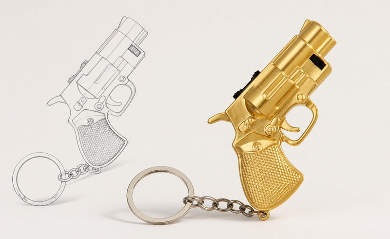 Gold cat laser toy with a matching exterior design sketch