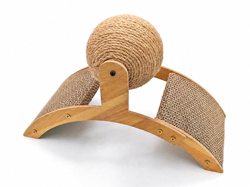 Wood-framed cat scratcher combination with curved corrugated panels and a central scratching ball