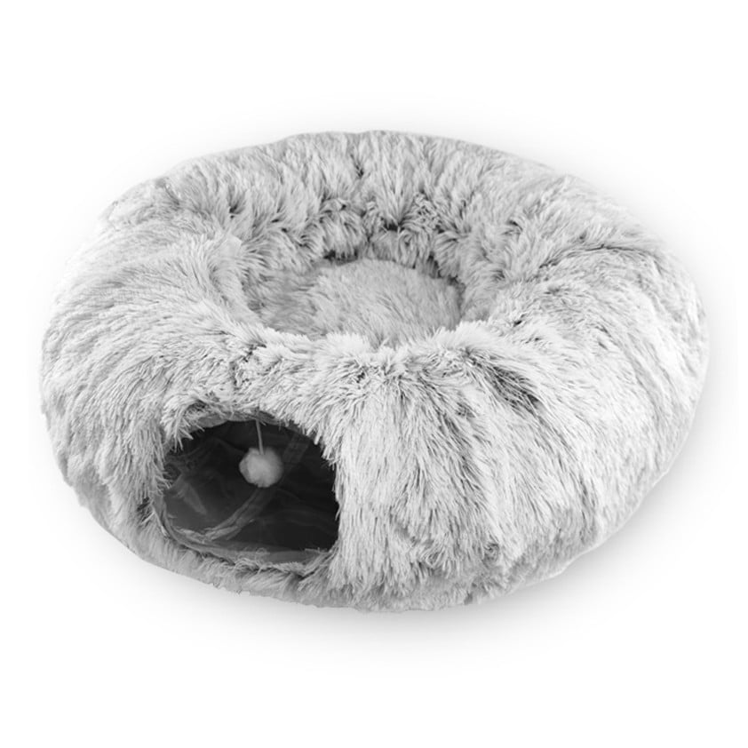 Cat tunnel donut bed combining an enclosed tunnel with a resting area