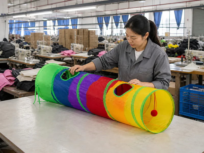 Worker inspecting the seams, observation windows and structure of a colorful cat tunnel