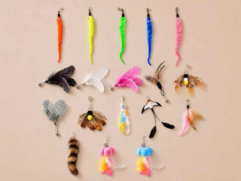Replacement feathers, strings, toy heads, and refill attachments for cat wand toys
