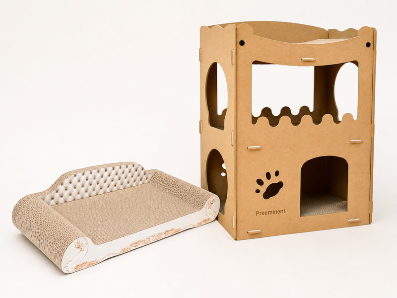 Corrugated cat scratcher lounge beside a two-level cat scratcher house