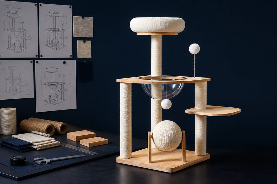 Custom cat tree prototype with design drawings, material samples and measuring tools
