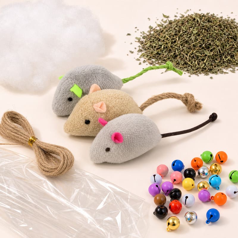 Plush cat toys with character shapes, woven handles and mixed accessory details