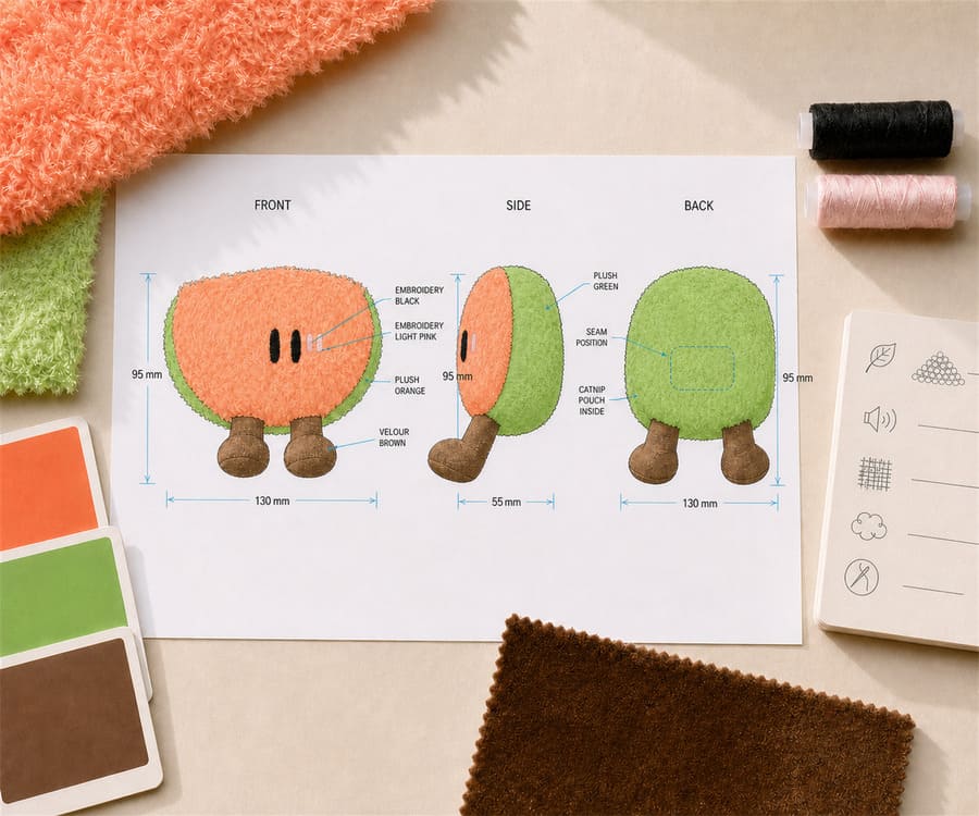 Custom catnip toy design brief with sketches, measurements, color references and fabric samples