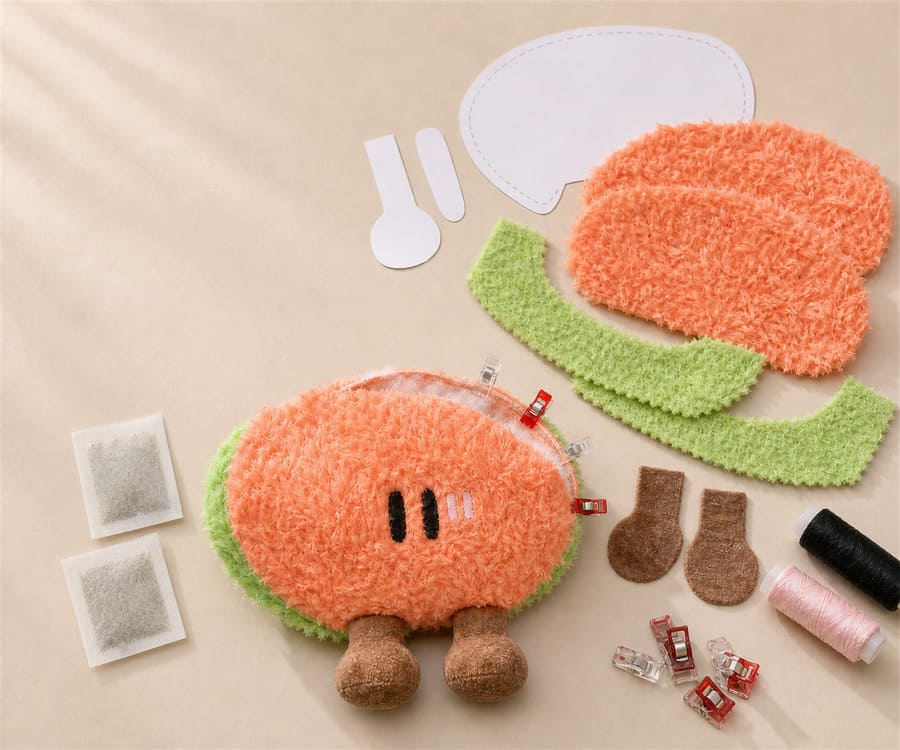 Pattern pieces and prototype sample during custom catnip toy development