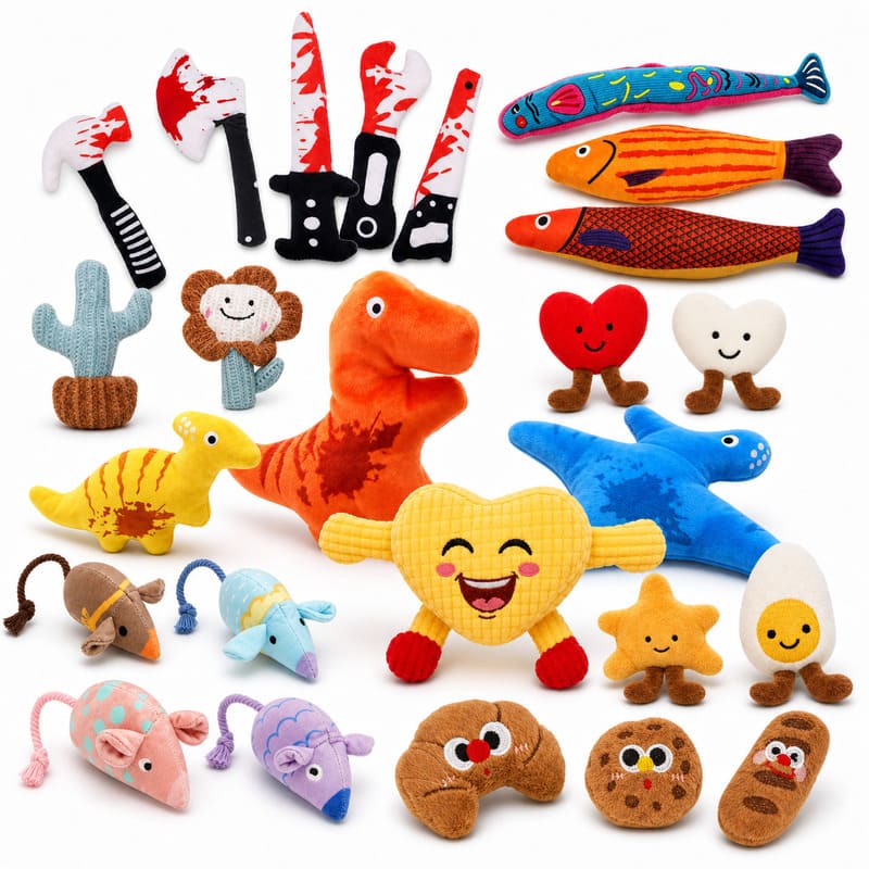 Cat with mouse- and fish-shaped custom plush catnip toys in multiple colors
