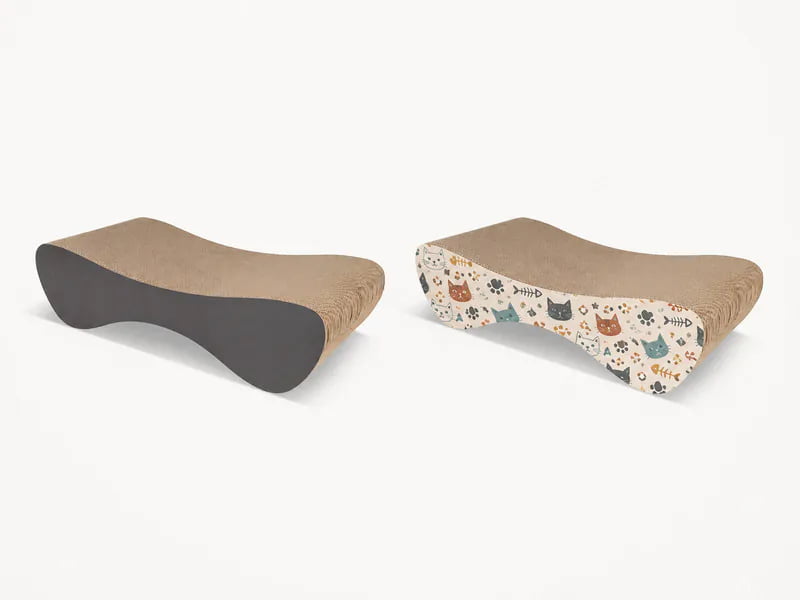 Existing corrugated cat scratcher beside a modified version with a printed side-panel design