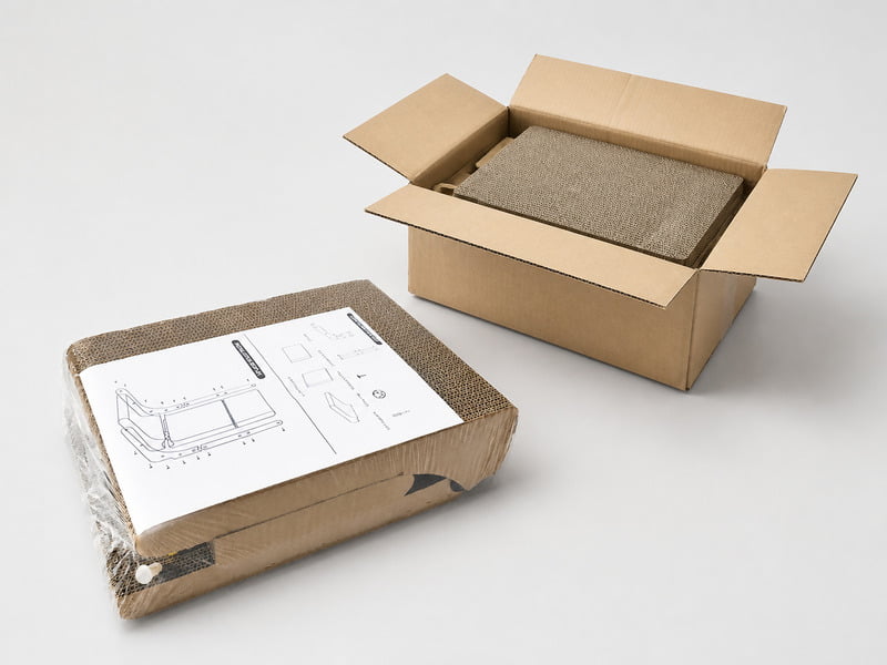 Flat-packed cat scratcher with assembly instructions beside an open shipping carton containing the product