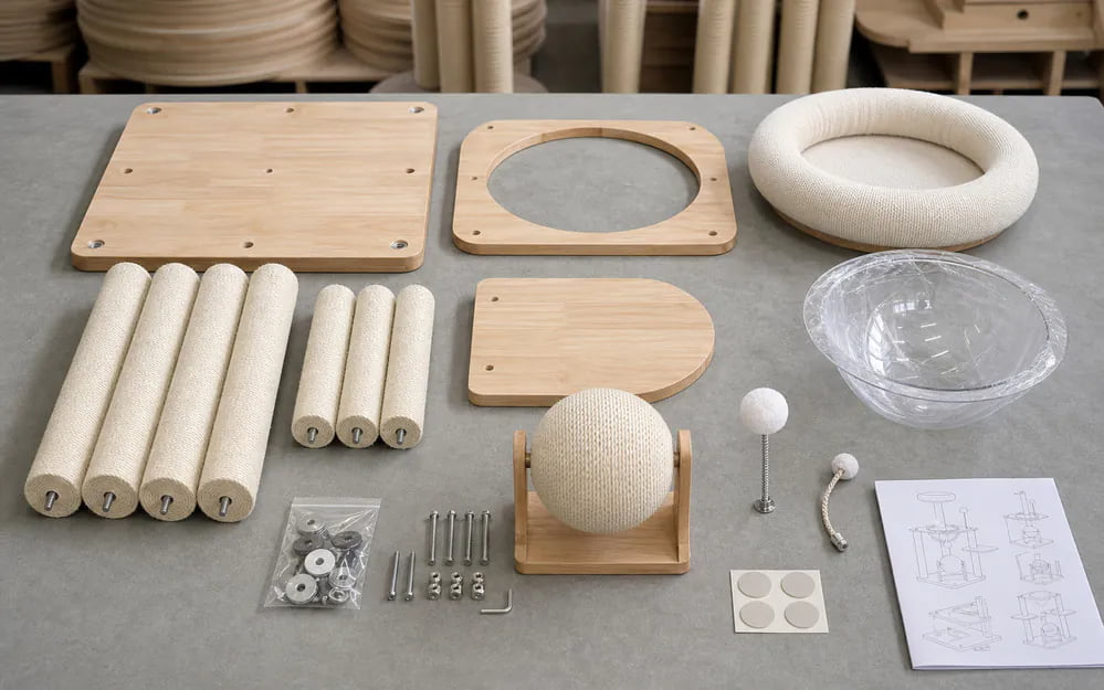 Knock-down cat tree parts with hardware kit and assembly instructions