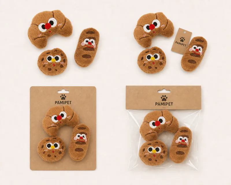 Existing-style plush catnip toy with custom branded hang tag and packaging