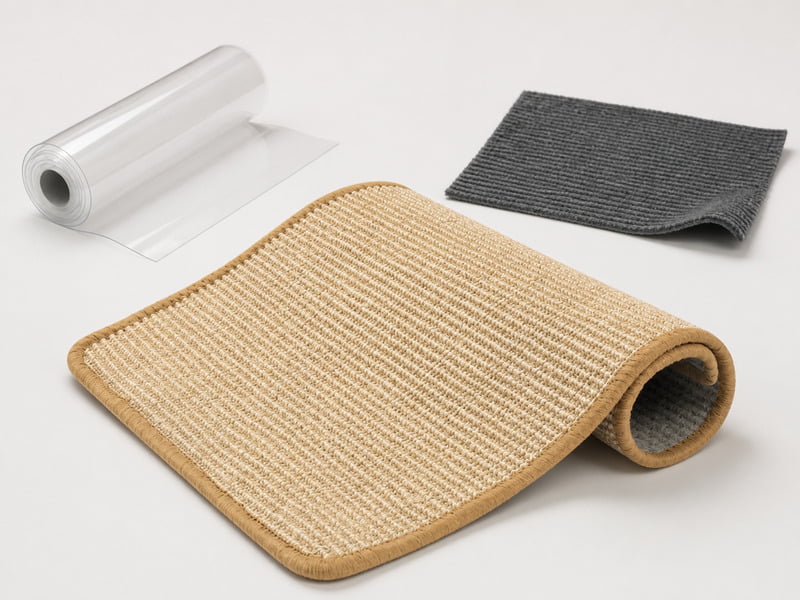Beige sisal scratching mat with gray fabric and transparent furniture protection mats