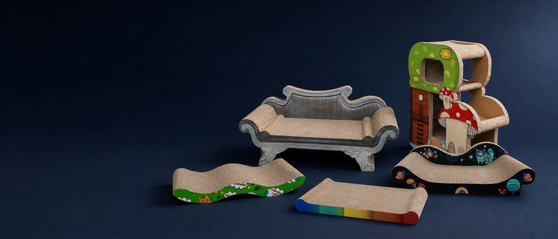 Wholesale cat scratchers in assorted corrugated and sisal styles for custom orders