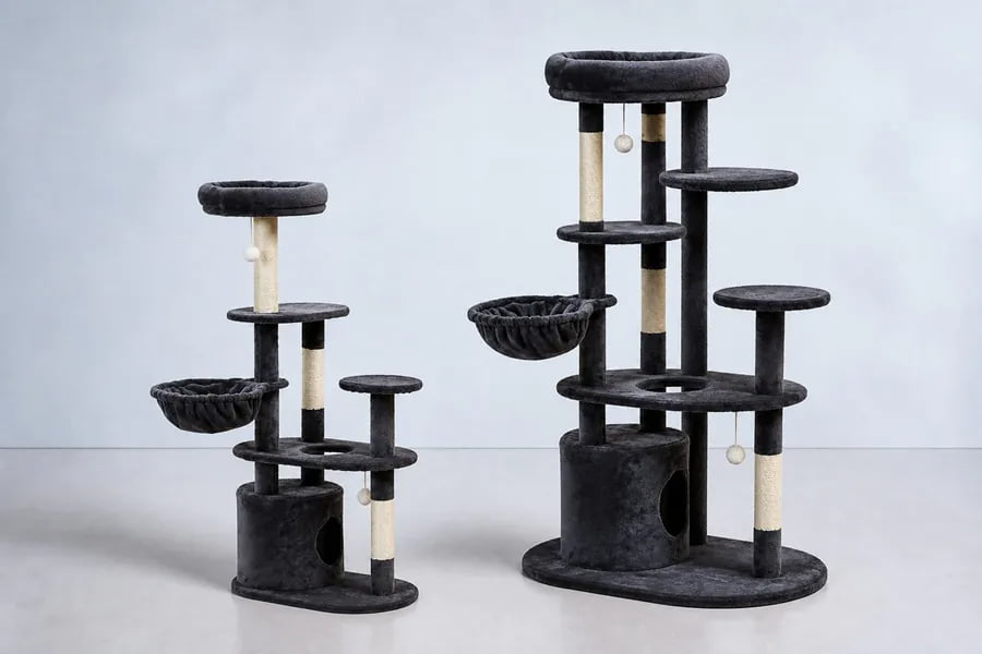 Side-by-side comparison of a base cat tree and a revised design with additional platforms and support posts