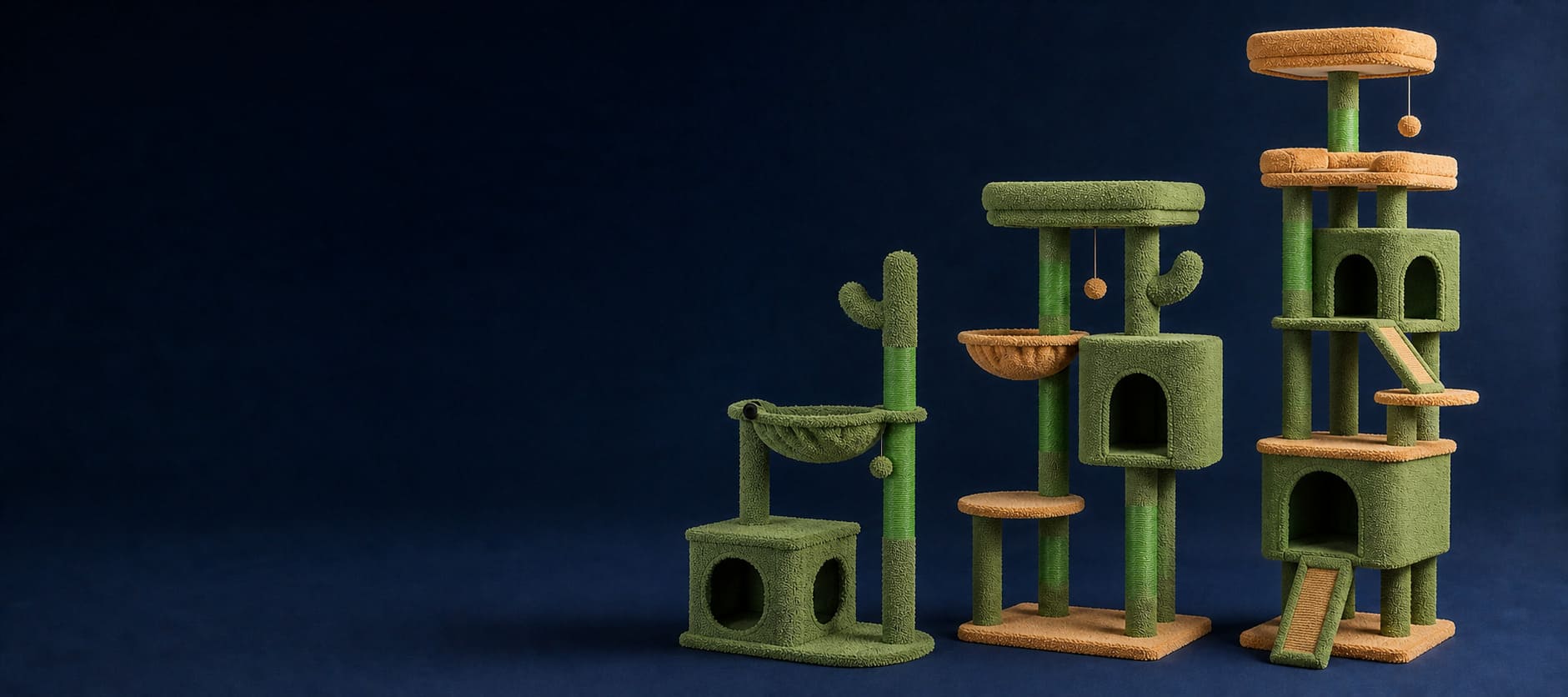 Assortment of wholesale cat trees with multi-level towers, condos and scratching posts