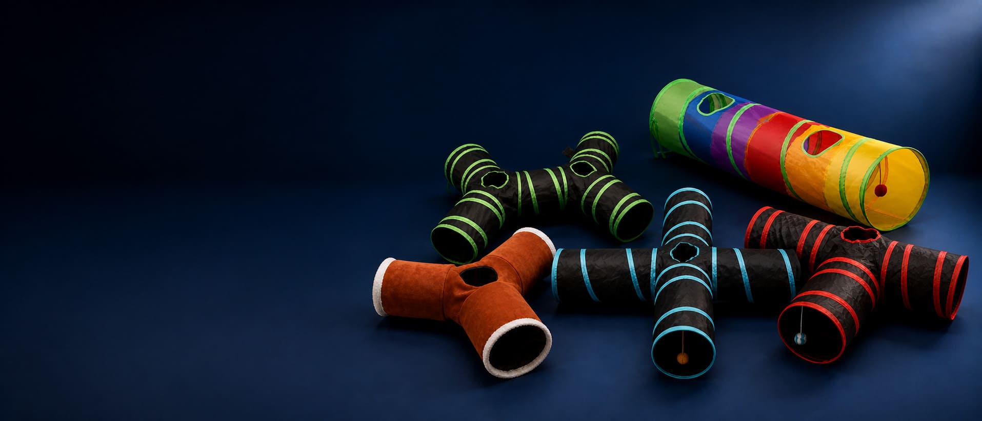 Collection of wholesale cat tunnels in straight and multi-way designs