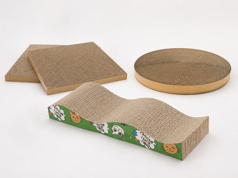Corrugated cardboard cat scratchers in wave, round, and flat product formats