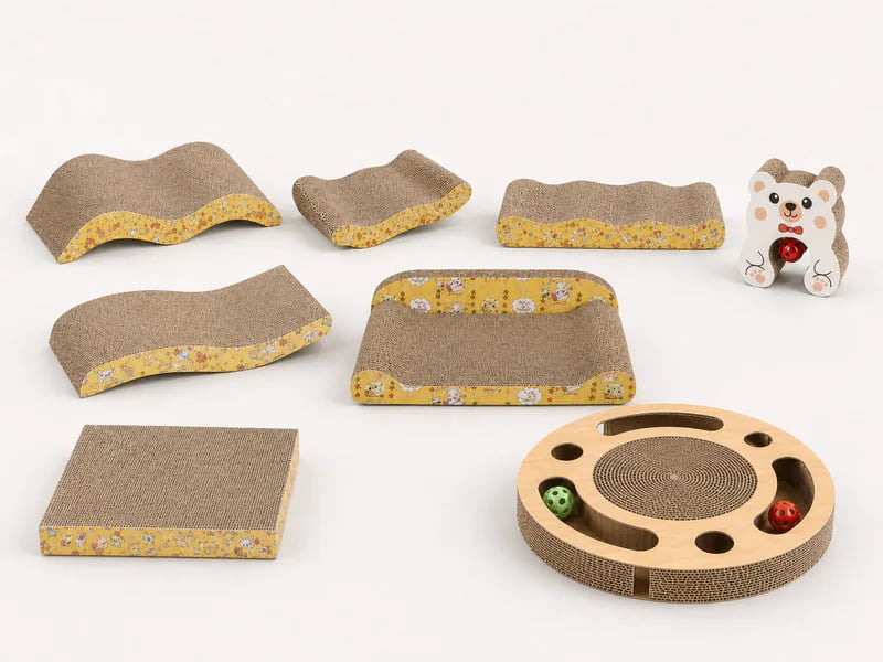Assorted existing no-logo cat scratcher boards, lounges, posts, and combination styles