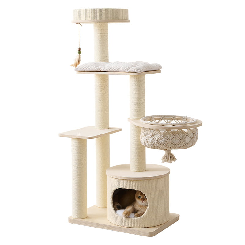 Natural-material multi-level cat tree with a condo, woven hammock and sisal scratching posts