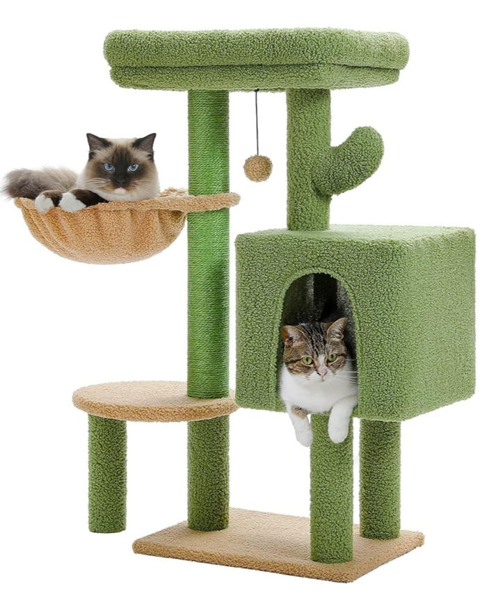 Two cats using a green and beige multi-level plush cat tree with a condo and hammock