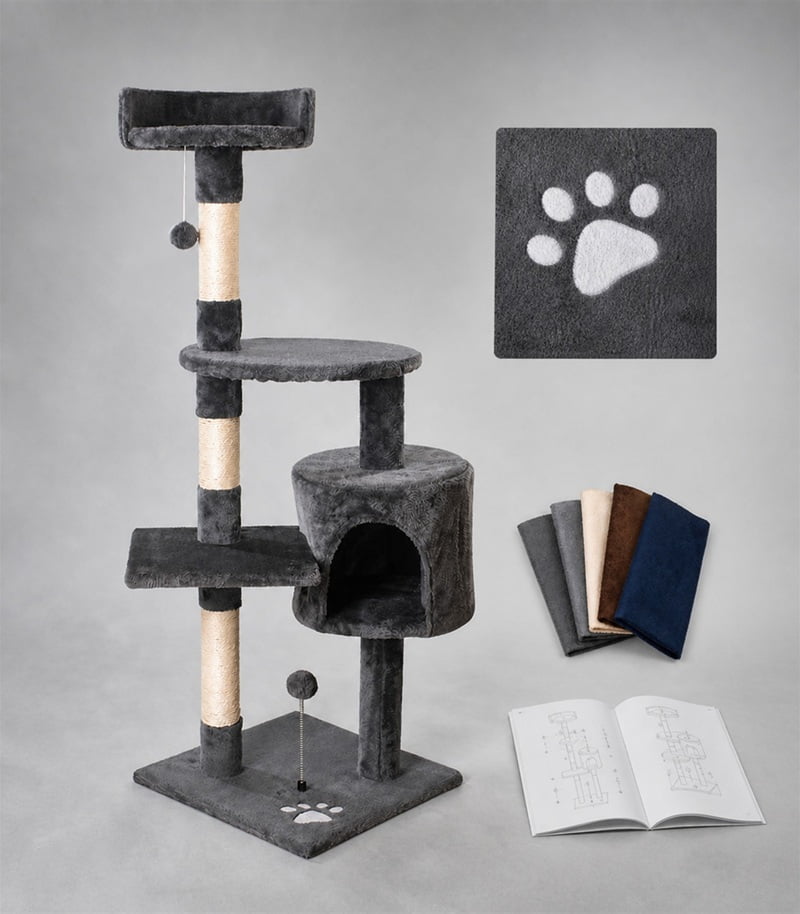 Private-label cat tree with embroidered paw detail, fabric swatches and assembly instructions