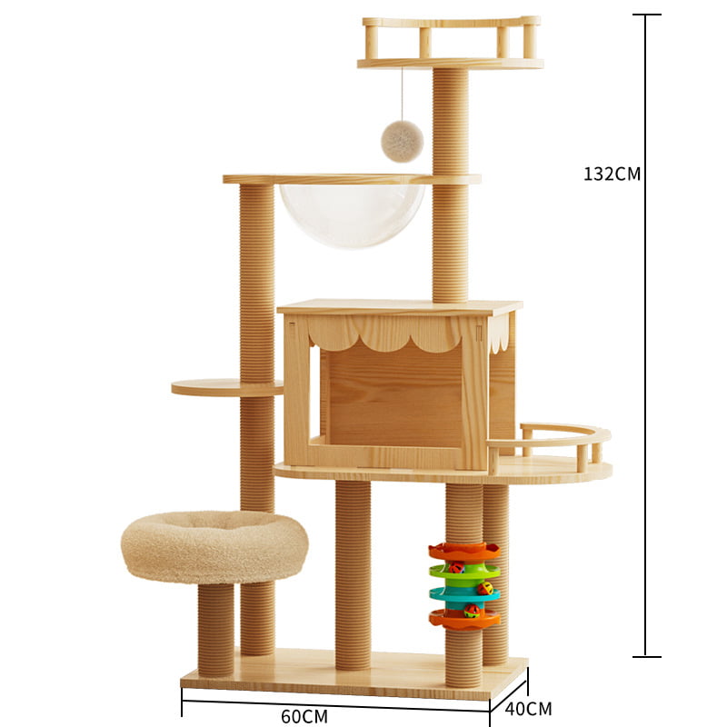 Wooden multi-level cat tree measuring 132 cm high with a condo and acrylic bowl
