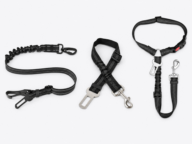 Three adjustable dog car seat belts with different attachment fittings and snap hooks