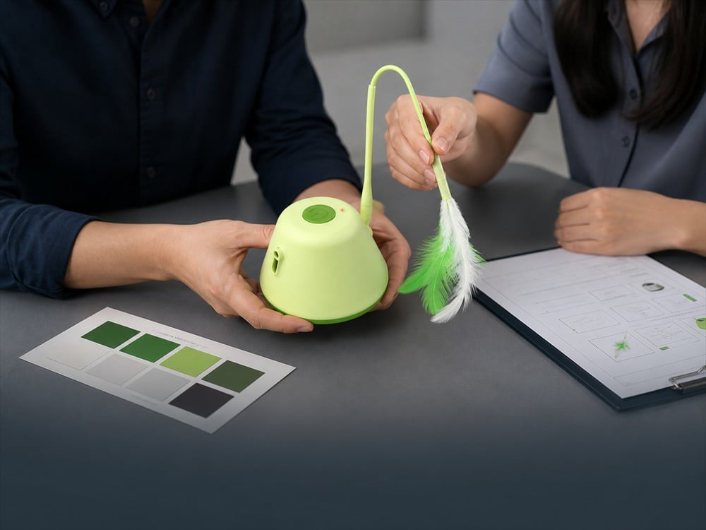 Team evaluating an automatic cat toy sample before production