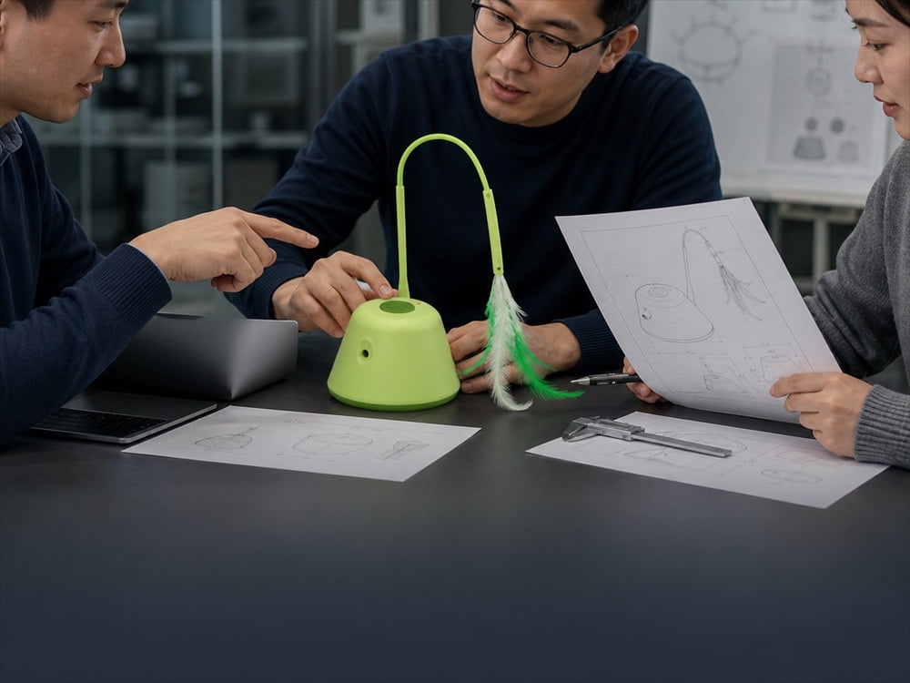 Product team reviewing automatic cat toy specifications