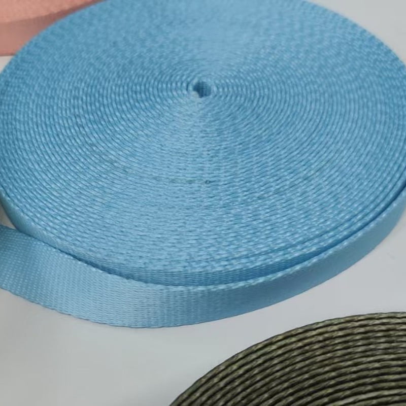 Blue dog leash webbing roll showing the woven texture and strap edge.