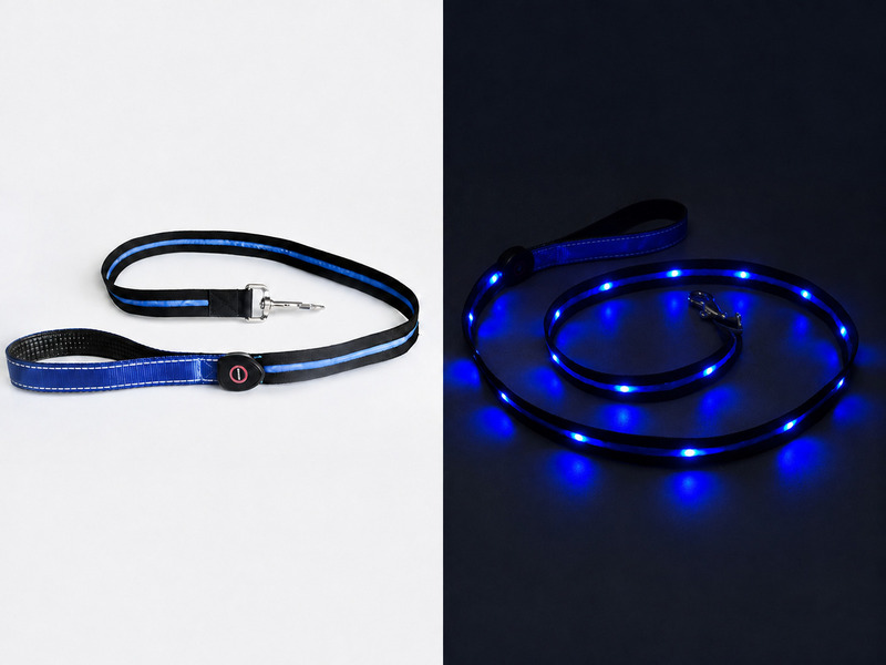 Blue LED dog leash shown unlit on the left and coiled with blue lights on in the dark on the right