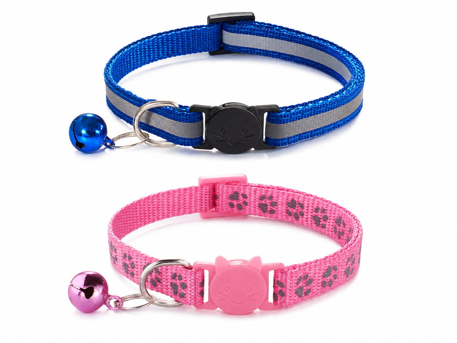 Blue reflective and pink paw-print cat collars with breakaway buckles and matching bells