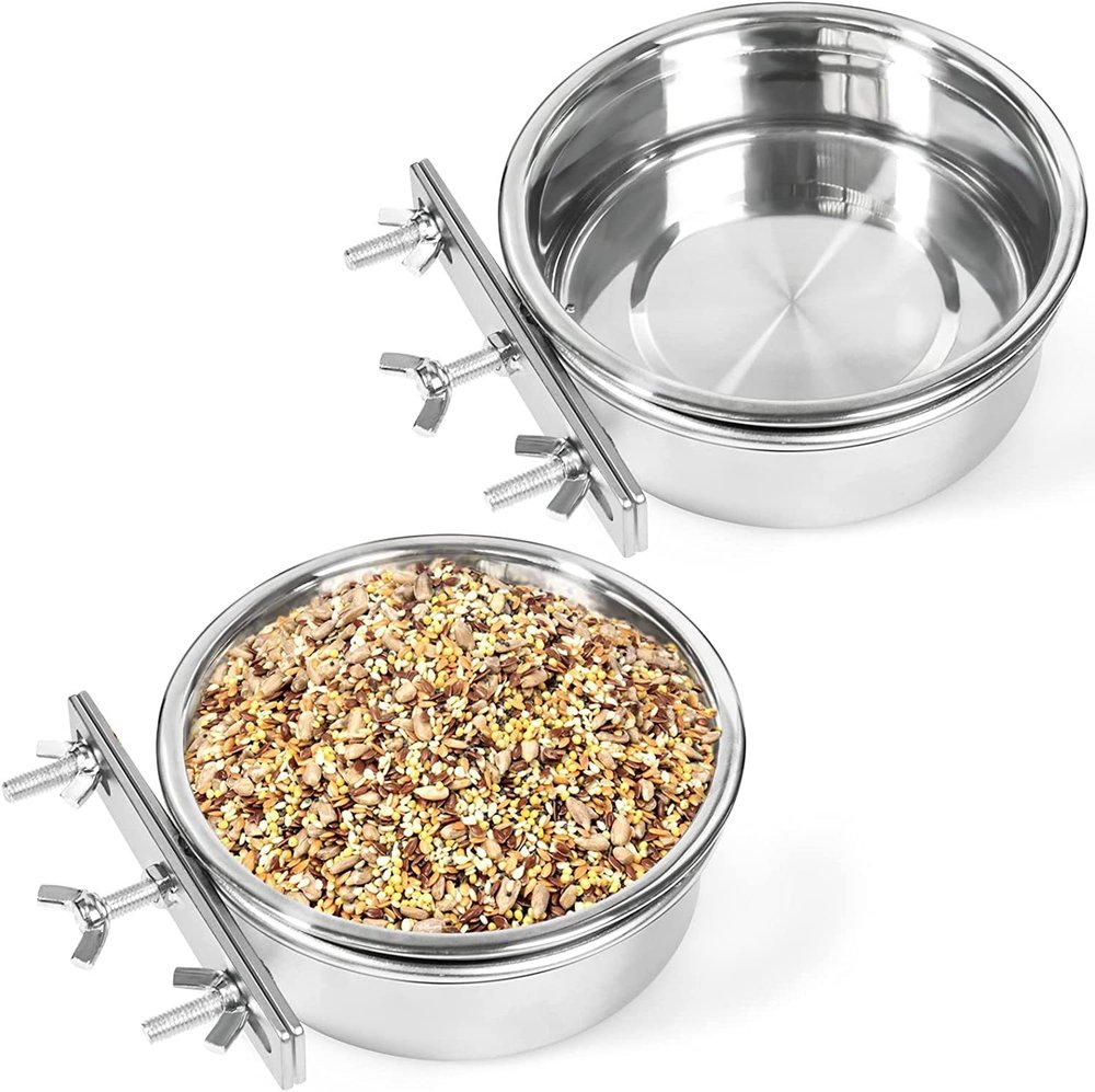 Cage-mounted stainless steel pet bowls with screw-clamp brackets