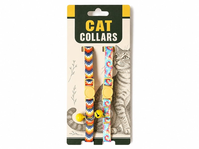 Two patterned cat collars with yellow bells on an illustrated backing card