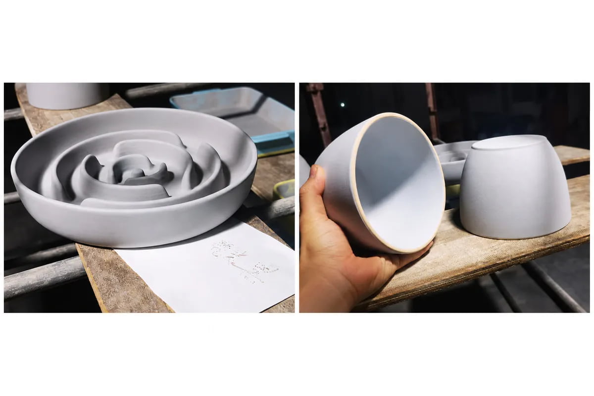 Side-by-side views of the upper bowl mold with curved partitions and the pedestal molds