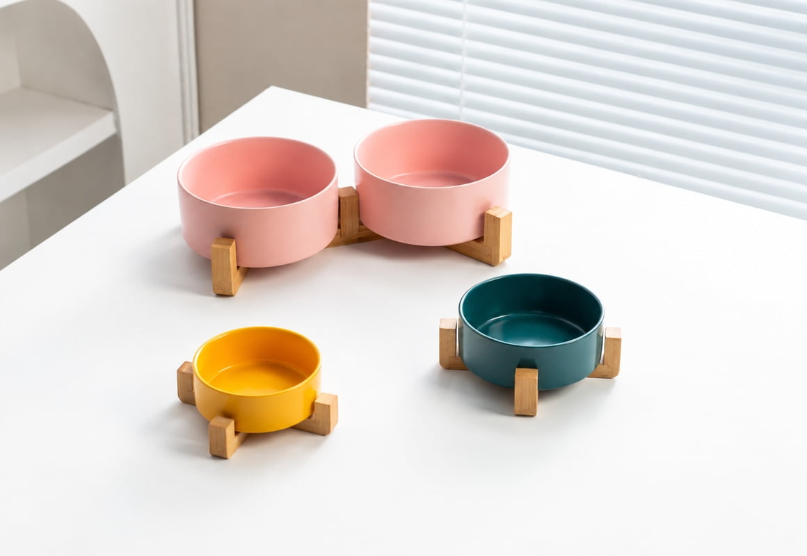 Pink, yellow and teal ceramic pet bowls on wooden stands in single and double configurations