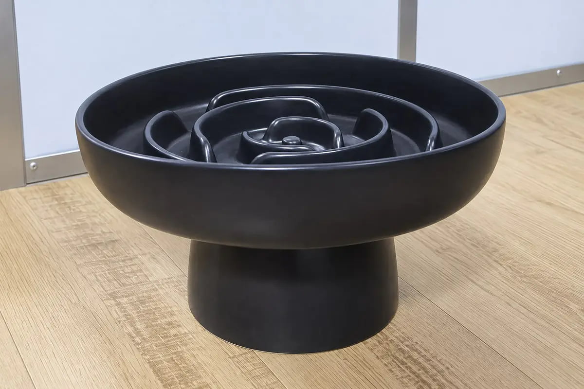 Dark ceramic slow feeder bowl sample with curved internal partitions and a raised pedestal base