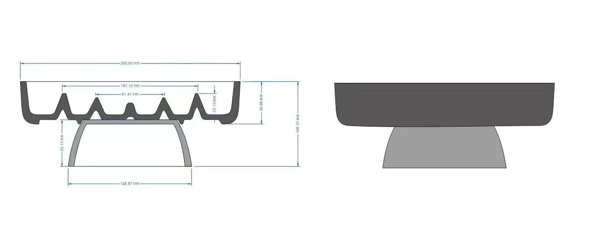 Technical drawing of a raised ceramic slow feeder bowl showing a dimensioned cross-section and side view